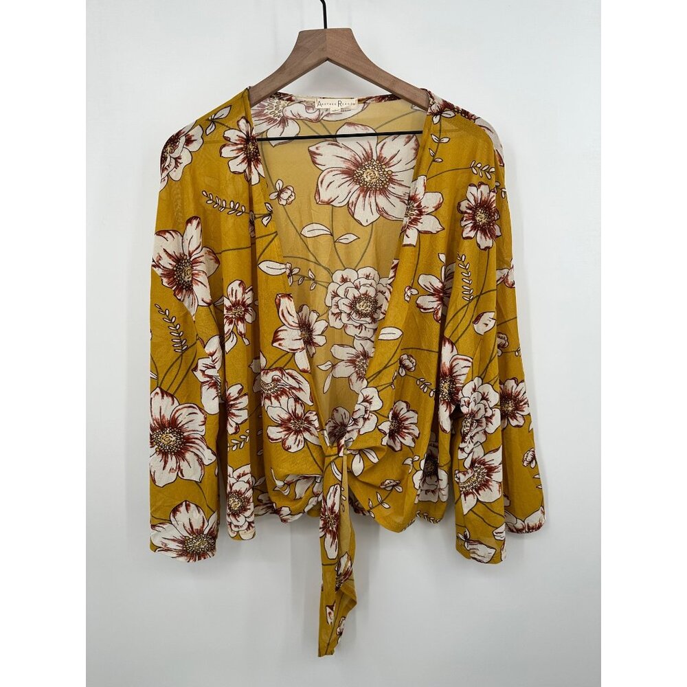 Another Reason Tie Front Kimono Cardigan Women Large Yellow Floral Beach